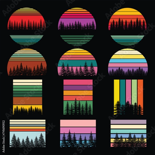 Obraz Vintage retro pine tree silhouette set collection
