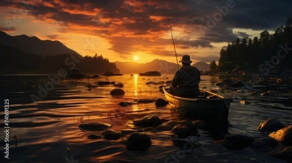 Obraz Fisherman in a boat on a lake at sunset, Canada