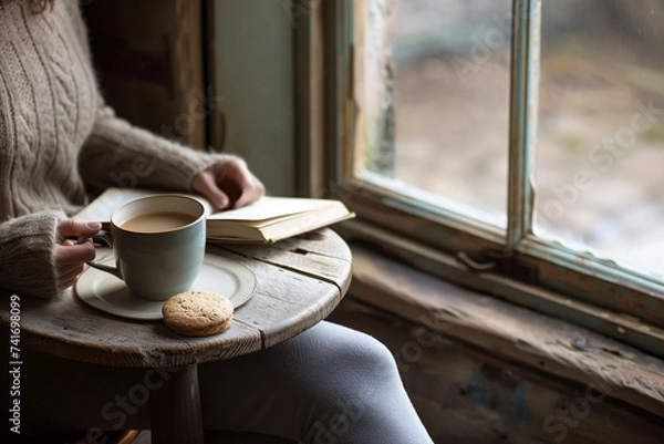 Fototapeta A tranquil scene of a person enjoying a book by a rustic window, with a steaming cup of coffee and a cookie..
