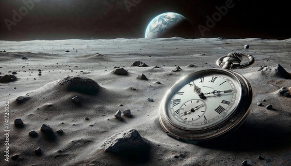 Fototapeta A pocket watch on the surface of the moon. Generative Ai.
