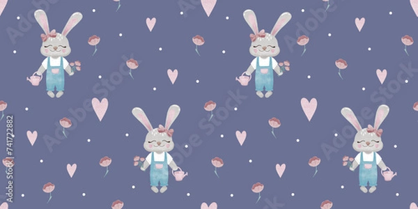 Fototapeta cute bunny seamless pattern, watercolor style, rabbit gardener digital paper with watering can flowers hearts, spring Easter print for textile,  sublimation for stationery