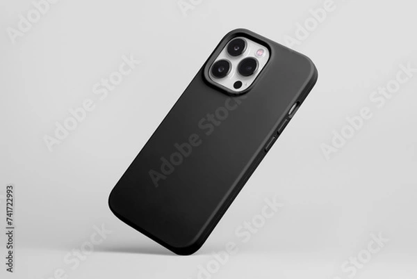 Obraz iPhone 15 Pro in black soft silicone case falls down back view, smartphone mockup isolated on grey background