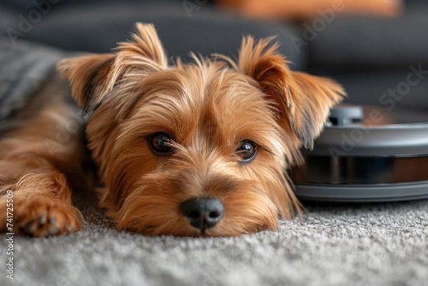 Obraz Close-up of Yorkshire terrier on robotic vacuum