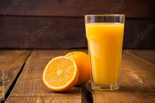 Obraz Pomarańczowe owoce i szklanka soku na brązowym drewnianym tle