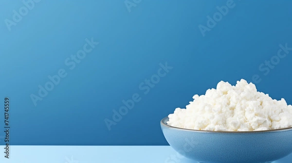 Fototapeta Cottage cheese in a bowl on blue background with copy space