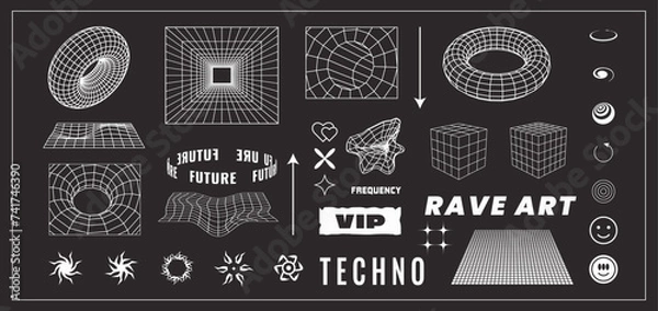 Fototapeta Geometric shapes, abstract forms. Isolated black background. Vector illustration of rave and futuristic set. 
