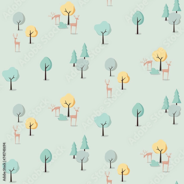 Fototapeta Deers and trees seemless pattern design