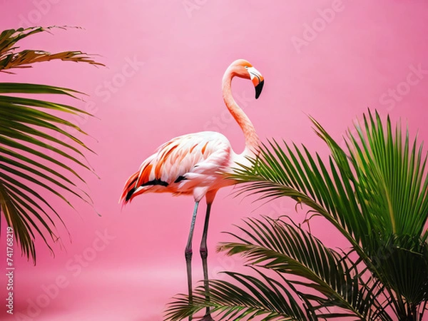 Obraz Pink flamingo and palm tree on pink summer background