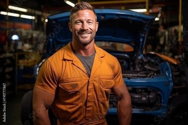 Fototapeta Portrait auto mechanic in orange overalls against background of car being repaired with hood open
