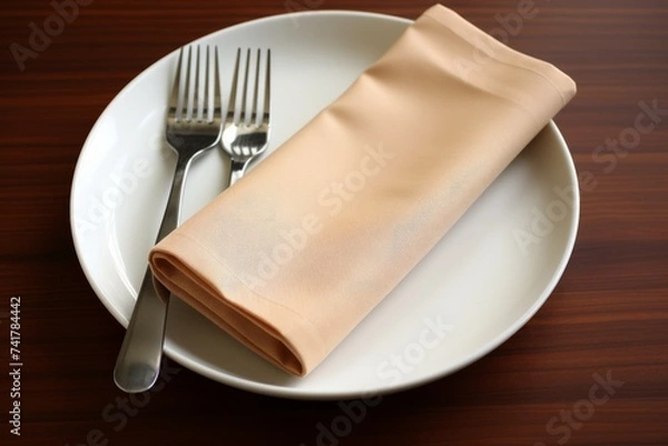 Fototapeta Folded Napkin on a Plate with Two Forks