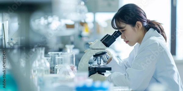 Obraz 顕微鏡を覗く女性研究員