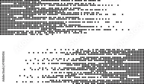 Fototapeta Abstract monochrome pixelated background. Pixel art horizontal lines from up and down. Copy space in the middle. Scattered loose data. Technology and cyber security check backdrop.