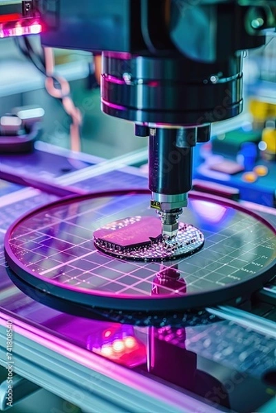 Fototapeta Computer chip manufacturing at fab. Semiconductor packaging process. Close-up of pick and place machine attaching silicon die to substrate.