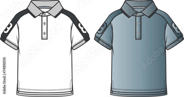 Fototapeta Polo Shirt sweatshirt garment template, technical drawing, flat sketch. Children's clothing polo shirts design. Fashion vector illustration, teen polo  T shirt.