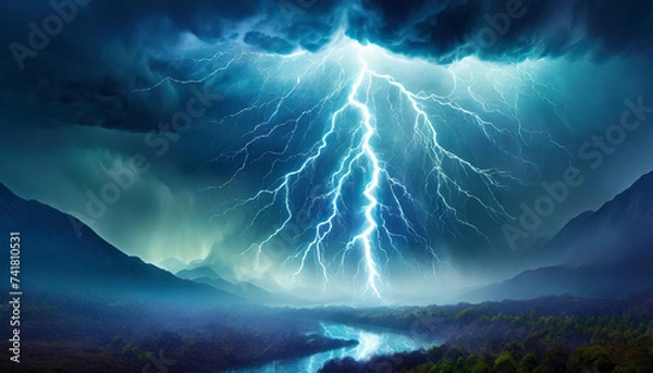 Fototapeta blue fantasy lightning on black background