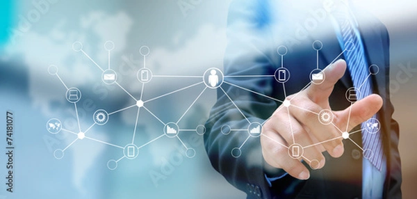 Fototapeta hand pushing social network button on a touch screen interface