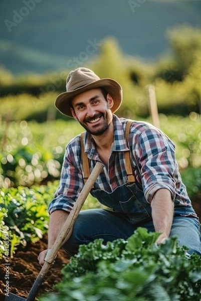 Fototapeta Portrait of farmer in sustainable garden or in field. Hardworking farmer sowing seeds for a sustainable harvest.