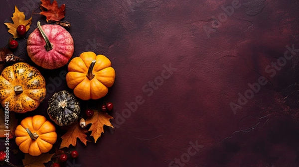 Obraz A group of pumpkins with dried autumn leaves and twig, on a vivid maroon color stone