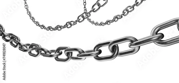 Fototapeta A metal chain hangs from the top of the frame. A blank metal chain according to your design. Several metal chains of different sizes. Metal chain on a transparent white background. 3D rendering.