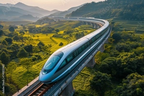 Fototapeta Maglev train speeding through lush countryside at sunset