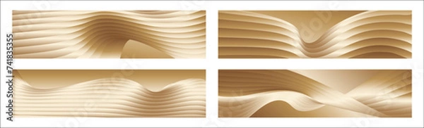 Fototapeta Wavy golden parallel gradient lines, ribbons, silk. Golden with shades of yellow background, banner, poster. Set of 4 backgrounds. Eps vector