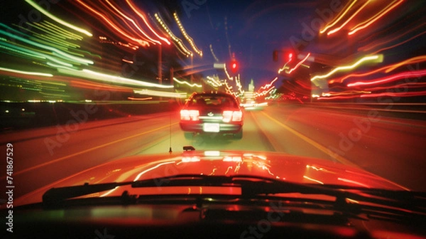 Obraz a police car on a high speed chase with it's lights on at night