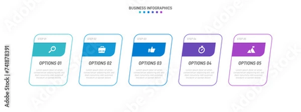 Fototapeta Timeline infographic with infochart. Modern presentation template with 5 spets for business process. Website template on white background for concept modern design. Horizontal layout.