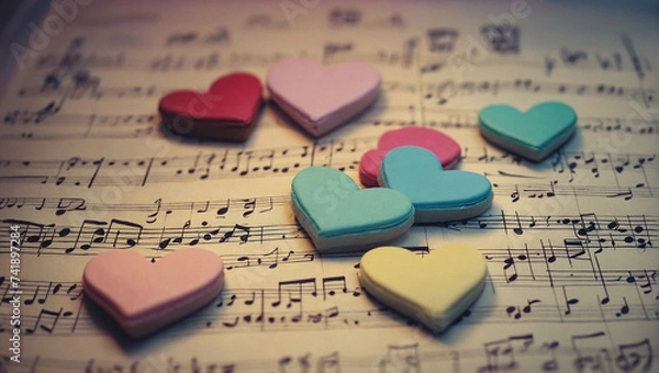 Fototapeta Musical notes with hearts, florals and instruments on a beautiful pastel watercolor background. Love for music concept. Copy space.