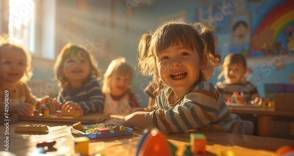 Fototapeta Beautiful Little Girl Smiling with Pigtails Playing in the Nursery with Her Classmates and Toys, She is Happy and Smiling. Concept of Education in Daycare Centers. Generative AI