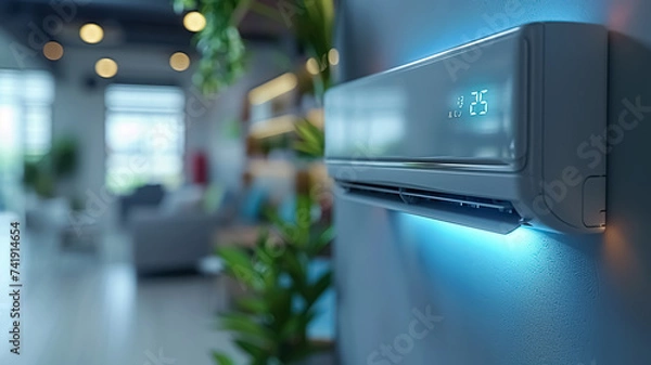 Fototapeta Air Conditioner indoor, turned on, full image of AC unit hanging on the wall under the ceiling, close-up of residential Air Conditioner