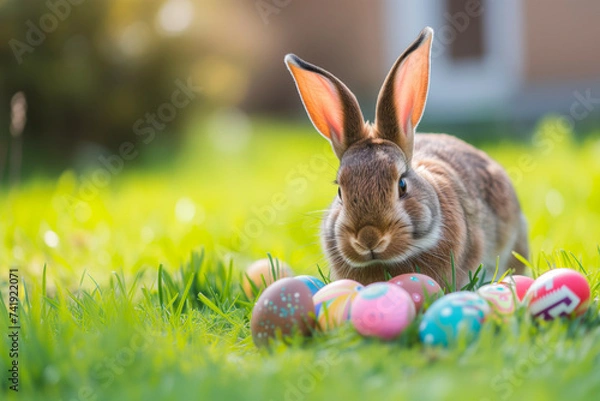 Fototapeta Happy easter concept: cute bunny amidst colorful eggs - design template, text space