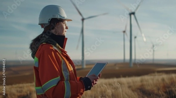 Fototapeta Empowered and determined, a female engineer surveys her renewable energy empire under the vast open sky, clad in protective gear and surrounded by the majestic wind turbines of her wind farm