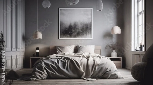Fototapeta Large bed in a gray bedroom with two windows on either side
