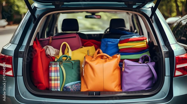 Fototapeta car trunk full of colorful shopping bags, generative ai