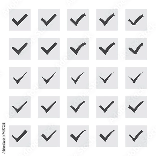 Fototapeta Set of twenty-five different black vector ticks or check marks