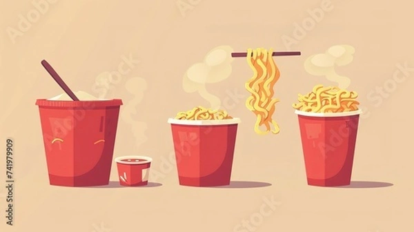 Fototapeta Hot ready to eat noodle in red bowl, paper box and plastic cup with steam. Cartoon vector illustration set of asian food for lunch in dish and takeaway package. Traditional delicious oriental meal