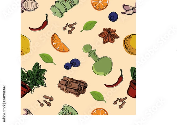 Fototapeta Seamless pattern with kitchen elements, chili, orange, garlic, utensils, lemon, leaves, cinnamon sticks, clove sticks, berries