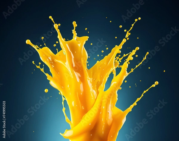Fototapeta Mango liquid creamy splash with fruit and cool tone background.