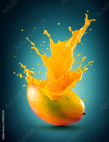 Fototapeta Mango liquid creamy splash with fruit and cool tone background.