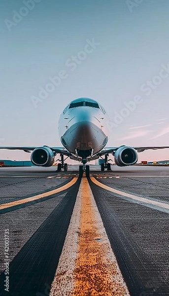 Fototapeta Panoramic view of a modern passenger airplane soaring through a vibrant sunset sky