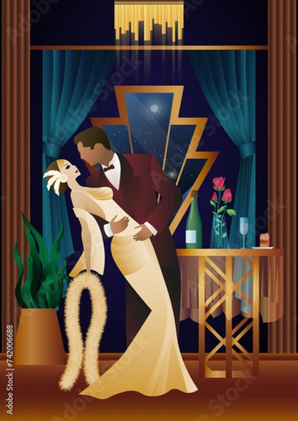 Obraz Man and woman dancing on the background of a window and lanterns, party, art deco, couple in retro style