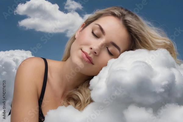Fototapeta Sleeping Beauty on the Clouds: Taking a banner shot in the sky generative ai