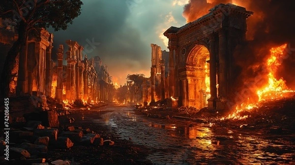 Fototapeta The End of the World Apocalyptic, destroyed Rome, epic scene. Created with Generative AI.