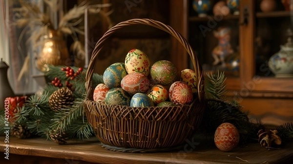 Obraz Immerse yourself in the joyful spirit of Easter with a delightful egg hunt and vibrant celebrations in a blooming spring garden.