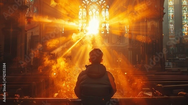 Obraz Sunlit prayer. Young man praying in the church in the sunbeams shining through the window. Generative AI