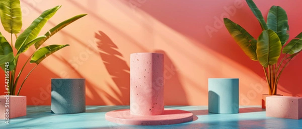 Obraz Nature meets art as a vibrant houseplant blooms beside a delicate pink vase, resting on a cool blue surface against a wall
