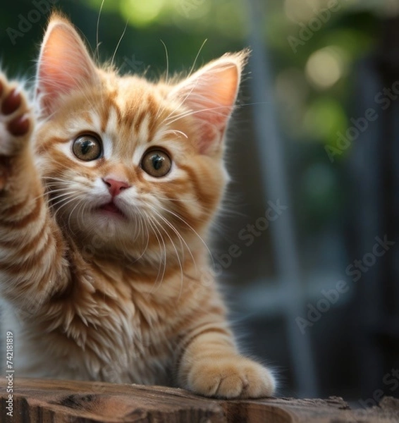 Fototapeta Small Orange Kitten Standing on Wooden Table Generative AI