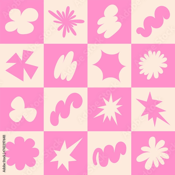 Fototapeta Abstract seamless pattern with simple funky groovy shapes. Brutal background in style y2k, 00s. Pink and beige colors. Modern collage vector illustration