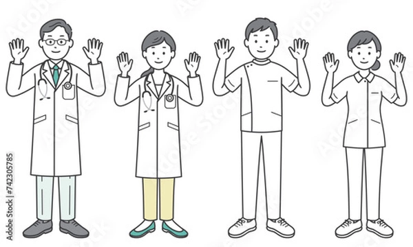Fototapeta 両手を上げる医師看護師男女