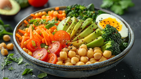 Fototapeta Bowl of fresh raw salad from tomato, pumpkin, avocado and greenery